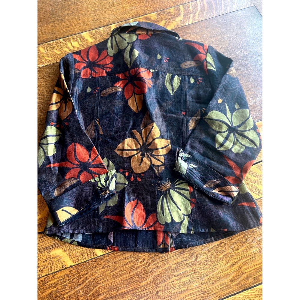 Scott Taylor Petite Tropical Floral Button Down Shirt Black Green Orange PM